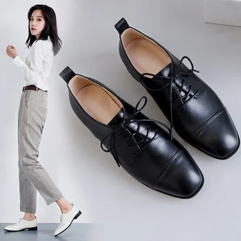 

women pumps Natural leather 22-25cm Small solid square toe English Leather Shoes Inside and outside full leather womens shoes