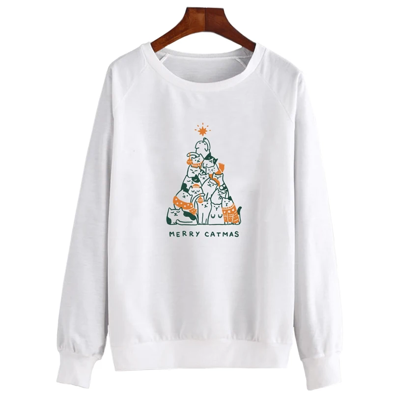 white Цветная Толстовка Merry Catmas, модные женские подарочные пуловеры для рождественских праздников, забавные толстовки Kawaii с кошками и рождественской елкой - Цвет: white