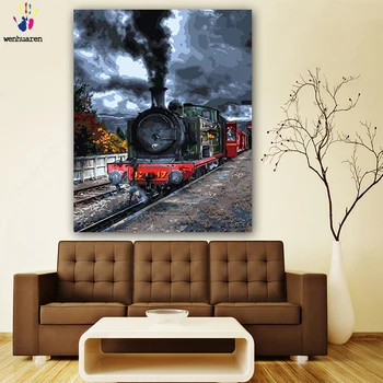 

DIY colorings pictures by numbers with colors Trains of the past picture drawing painting by numbers framed