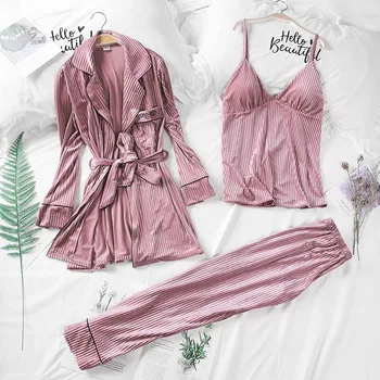 

3PCS Pajamas Suit Lounge Women Sexy Sleepwear Nightwear Long Sleeve Home Clothing Autumn Bathrobe Warm Home Wear Pijamas Set