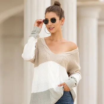 

QUEVOON Female Oversized Sweaters Patchwork Long Sleeve Jumpers Fashion Fall 2019 Ladies Pullover Colored Stripes Sweater Casual