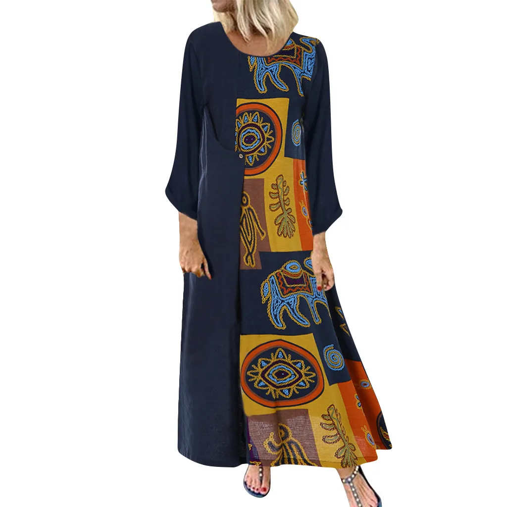 Bohemian Women Vintage Plus Size Maxi Dress Casual Loose Long Sleeve Floral Print Long Maxi Beach Dresses Woman Party Night #B Bohemian Women Vintage Plus Size Maxi Dress Casual Loose Long Sleeve Floral Print Long Maxi Beach Dresses Woman Party Night #B