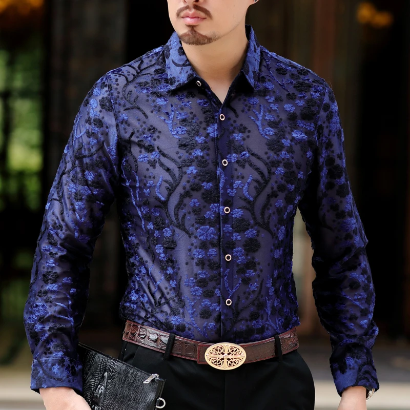 Цветочные дизайнерские рубашки Camicia Uomo цветок бархатная рубашка Для мужчин 2019 осень длинный рукав рубашка Camisa Hombre Для мужчин s Кнопка