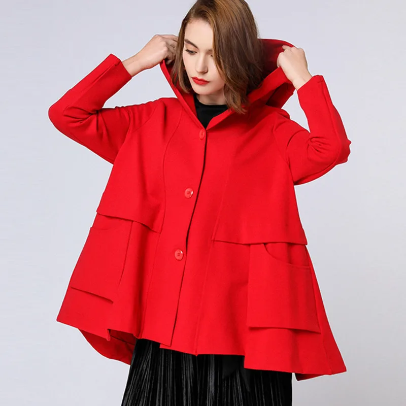 

LANMREM 2019 New Fashion Autumn Trend Large Size Loose Hooded Thick Short Solid Color Stitching Women's Coat Full Sleeve AD017