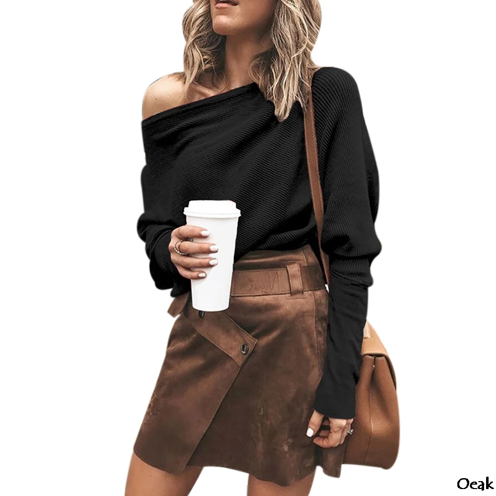 

Oeak Women's Autumn Sweater Solid Color Bat Sleeve Sweater Back Pullover Knit Open Shoulder Top 2019 New