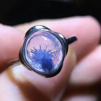 

Real Natural Blue Dumortierite Rutilated Quartz Crystal Silver Adjustable Ring 14.9/8.7mm Woman Stone Rings Jewelry AAAAA