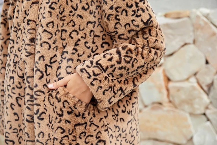 Женское зимнее высококачественное леопардовое пальто из искусственного кроличьего меха, Свободное пальто с отворотом, роскошное длинное меховое пальто, женское плотное теплое пальто, большие размеры