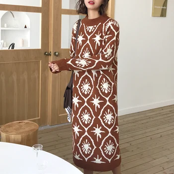 

Vintage Sweater Dress Long Sleeve o Neck Women Pullovers Long Sweater Autumn Winter Warm Clothes Flowers Knitted Pullover Women