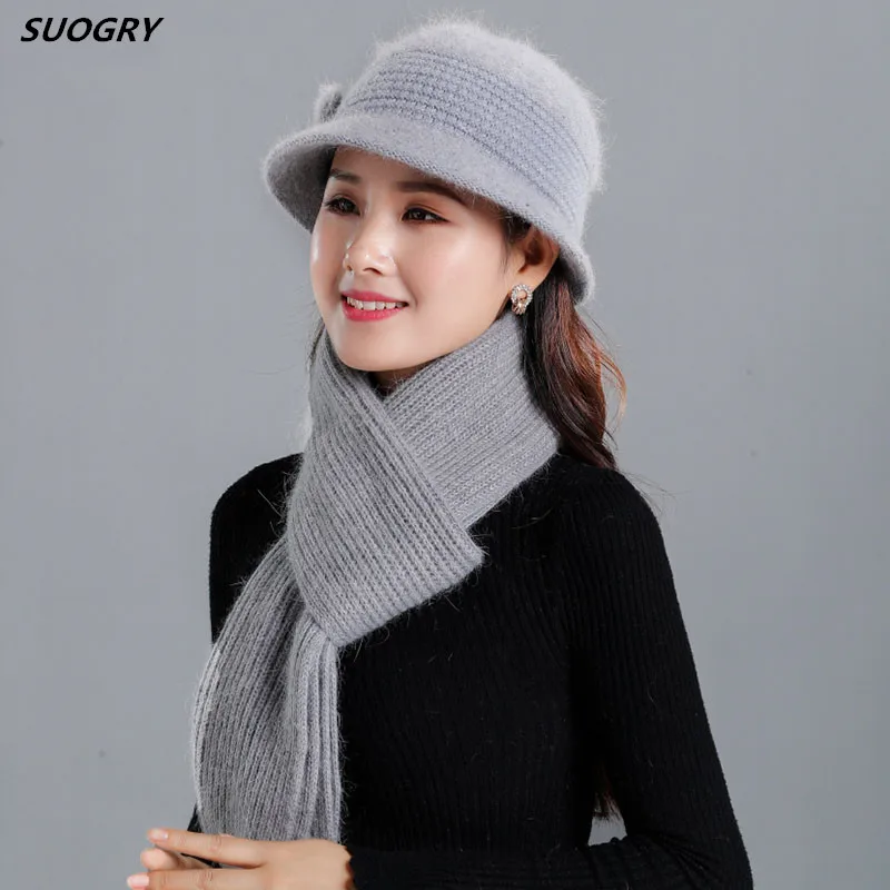 

2019 Women Fashion Warm Rabbit Wool Scarf Female Hat Cap Grandma Warm Knitted Beanies Winter Velvet Mother Hat Scarf 2pcs Set
