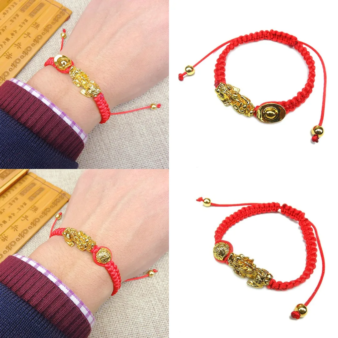 

Classic Vintage PIXIU Gold Bracelet For Women Men Punk Good Luck Bead Wealth Ingots Braided Bracelet Red Charm Bracelet pulseira