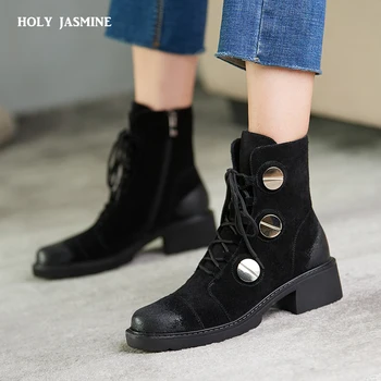 

Lace-up Ankle Boots Women Top Quality Cow Suede Zip Autumn Fashion Lady Genuine Leather Shoes Flat Heel Handmade Platform Boots