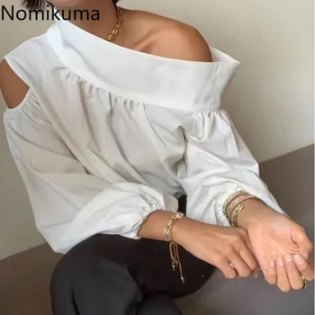 

Nomikuma Irregular Skew Collar Strapless Blouse Shirt Long Sleeve Korean Pullover Tops Fashion White OL Workwear Blusas 3Z098