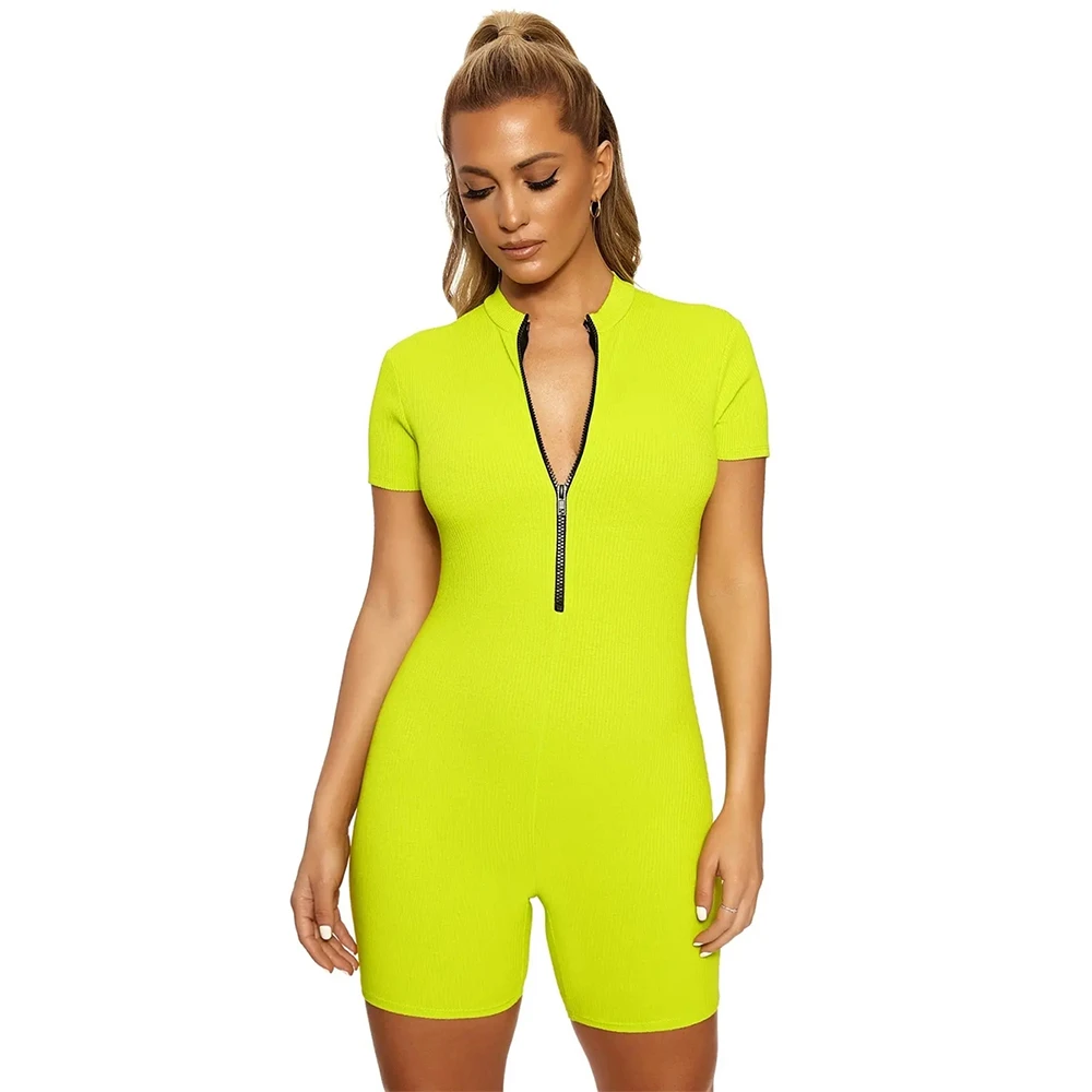 XLLAIS Thick Material Ribbed Jumpsuits Women Neon Green Short Sleeve Zippers Tight Bodycon Playsuits Womens Clothing Cute Romper