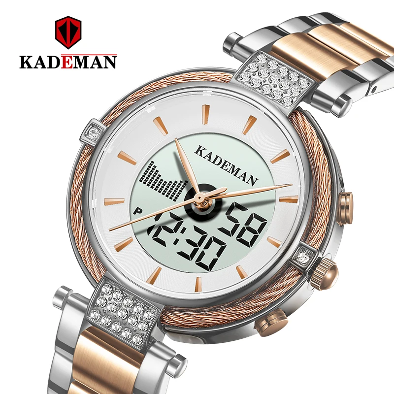 Kademan, новинка, K9080, элегантные кварцевые и цифровые женские часы, ЖК-экран, Relogio Feminno, Роскошные, бизнес стиль, модные, водонепроницаемые