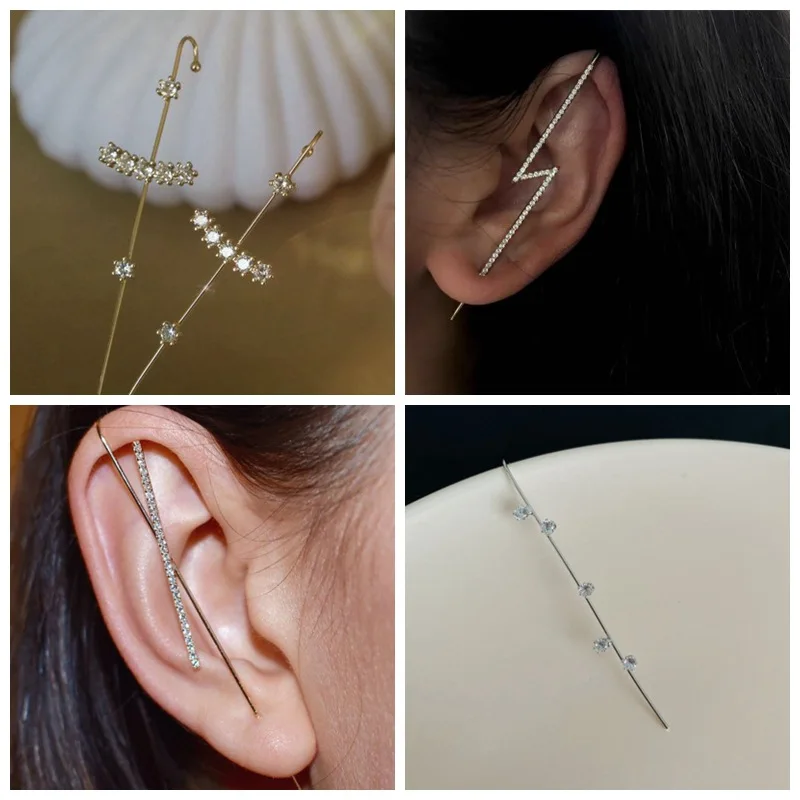 Vintage Shiny Crystal Ear Climber Chain Link Stud Earrings For Women