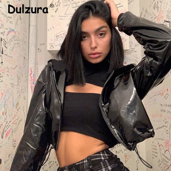 

Retro Street Style Black Cropped Jacket Coats Women 2019 Autumn Hooded Elastic Waist PU Overcoat Hip Hop Girls Zipper Coat