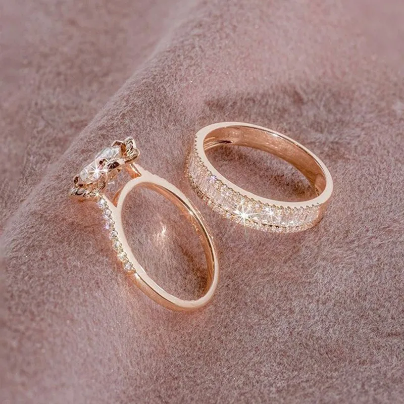 Роскошный женский набор колец из серебра 925 пробы с кристаллами и цирконием, винтажные Свадебные Кольца из розового золота для женщин, Свадебные обручальные кольца с цветами