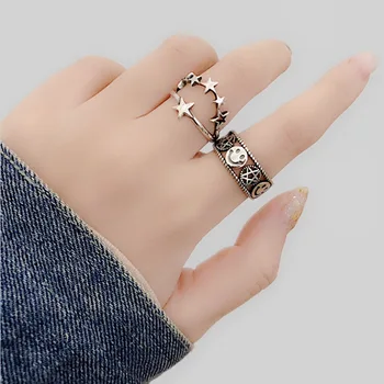 

Hollow Woven Pentagram Thai Silver Ring Retro Smiling Face Open Ring For Women Wholesale Jewelry 925 Sterling Silver S-R631