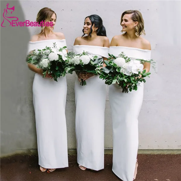 as picture Vestido Madrinha, белые платья подружки невесты, длинные,, оболочка, простое свадебное платье для гостей, с открытыми плечами, Vestido Madrinha - Цвет: as picture