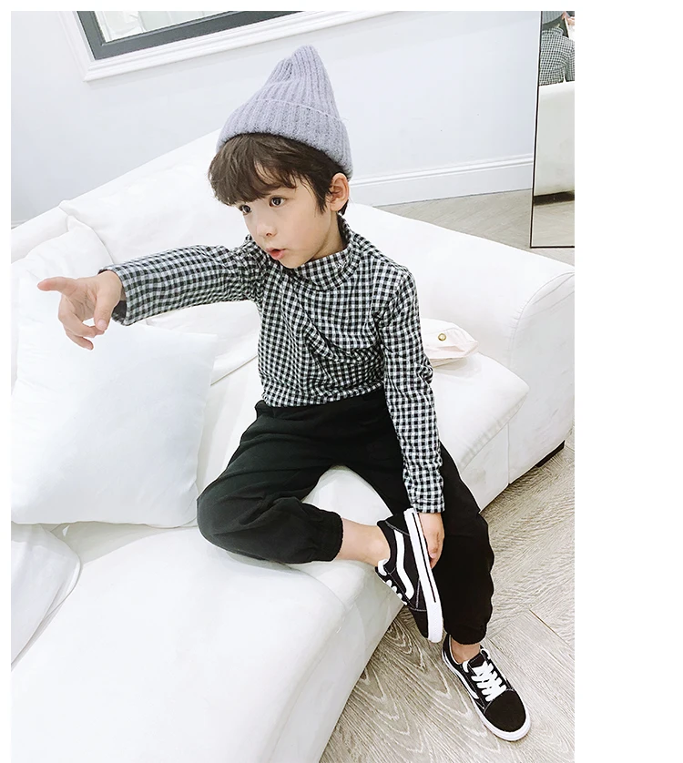 Одежда для мальчиков, джемпер с высоким воротником, новинка года, осенне-зимняя детская утепленная клетчатая теплая футболка с длинными рукавами Детская мода