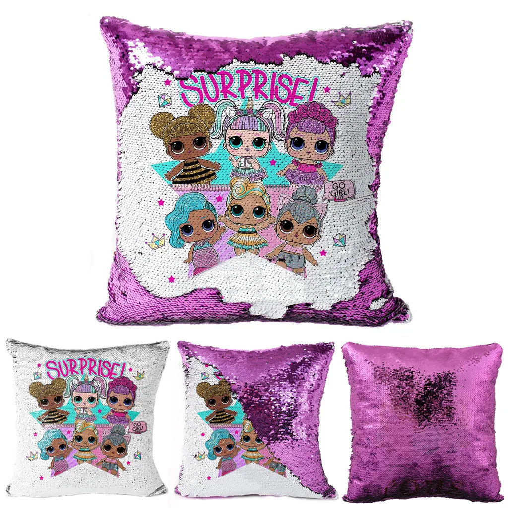 

LOL Surprise Dolls Cushion Cover Christmas Gift New Two-color Sequin Cartoon Car Pillow Case Child Bedroom Nap Sofa Girls Gifts