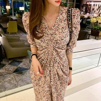 

Bubble sleeve floral printting dresses famale Korean V-neck spring summer high waist cchiffon medium long clothes U615