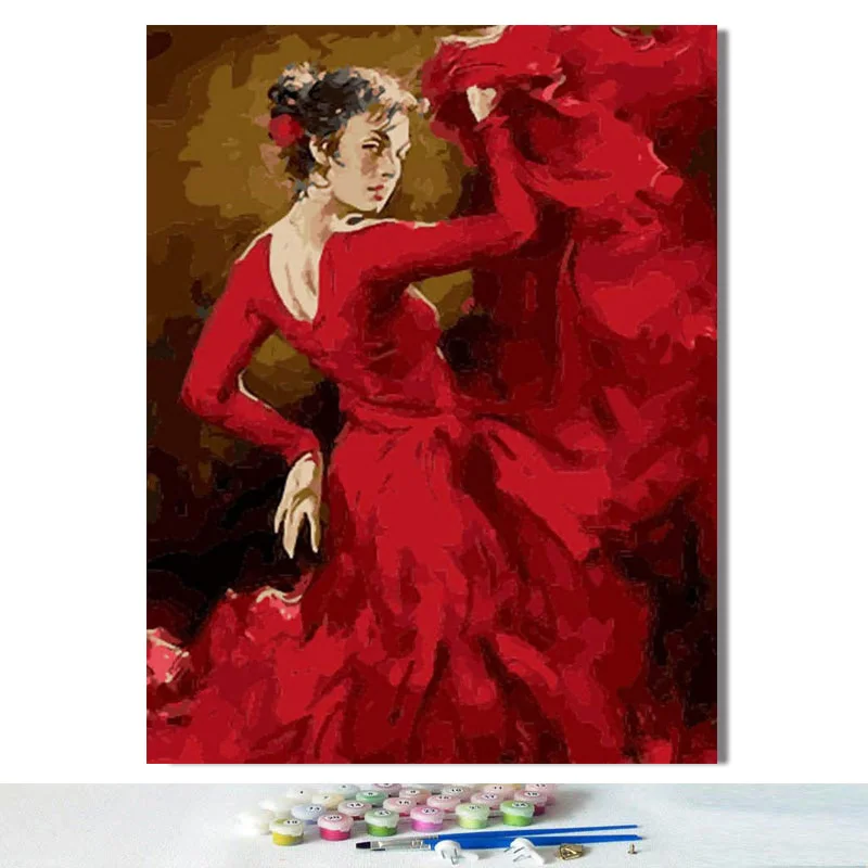 DIY Рисование по номерам с наборами красная одежда Танцующая девочка декоративная вешается на стену - Цвет: 22246