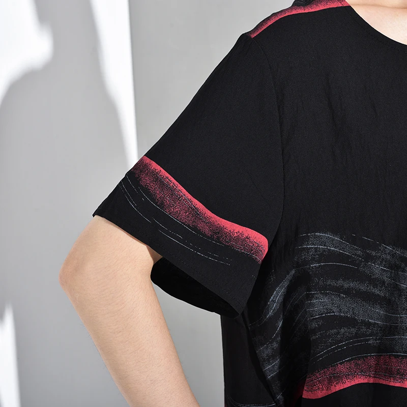 [EAM] Wide Leg Pants Striped Two Piece Suit New Round Neck Short Sleeve Black Loose Fit Women Fashion Spring Autumn 2020 JW5910