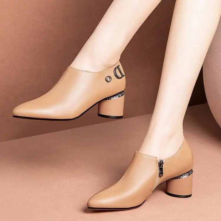 

Leather shoes with fall in deep mouth single female thick with high heels shoes head layer cowhide 5.5 cm