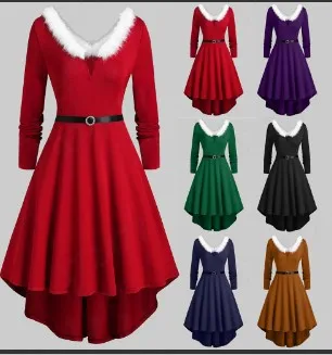 Plus Size S-5XL Women Midi Dress Christmas Costumes Slim Waist Stitching V-neck Long Sleeve Elegant Xmas Party Vestidos 2021 |