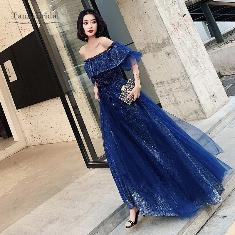 Royal Blue Prom Dresses 2020 Off Shoulder Tulle Short Sleeves Evening ...