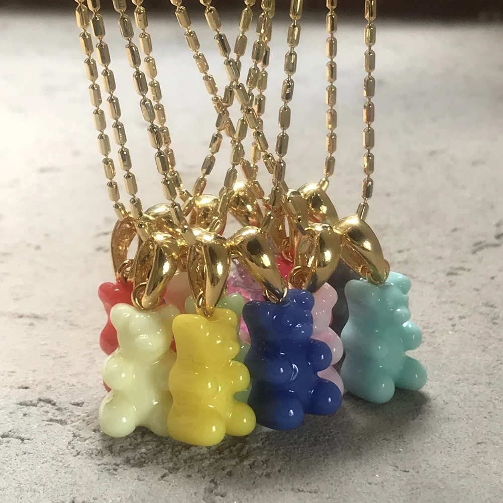 2021 Candy Color Gummy Bear Resin Pendant Necklace for Women Simple Golden Metal Chain Necklace Female Fashion Jewelry Gifts