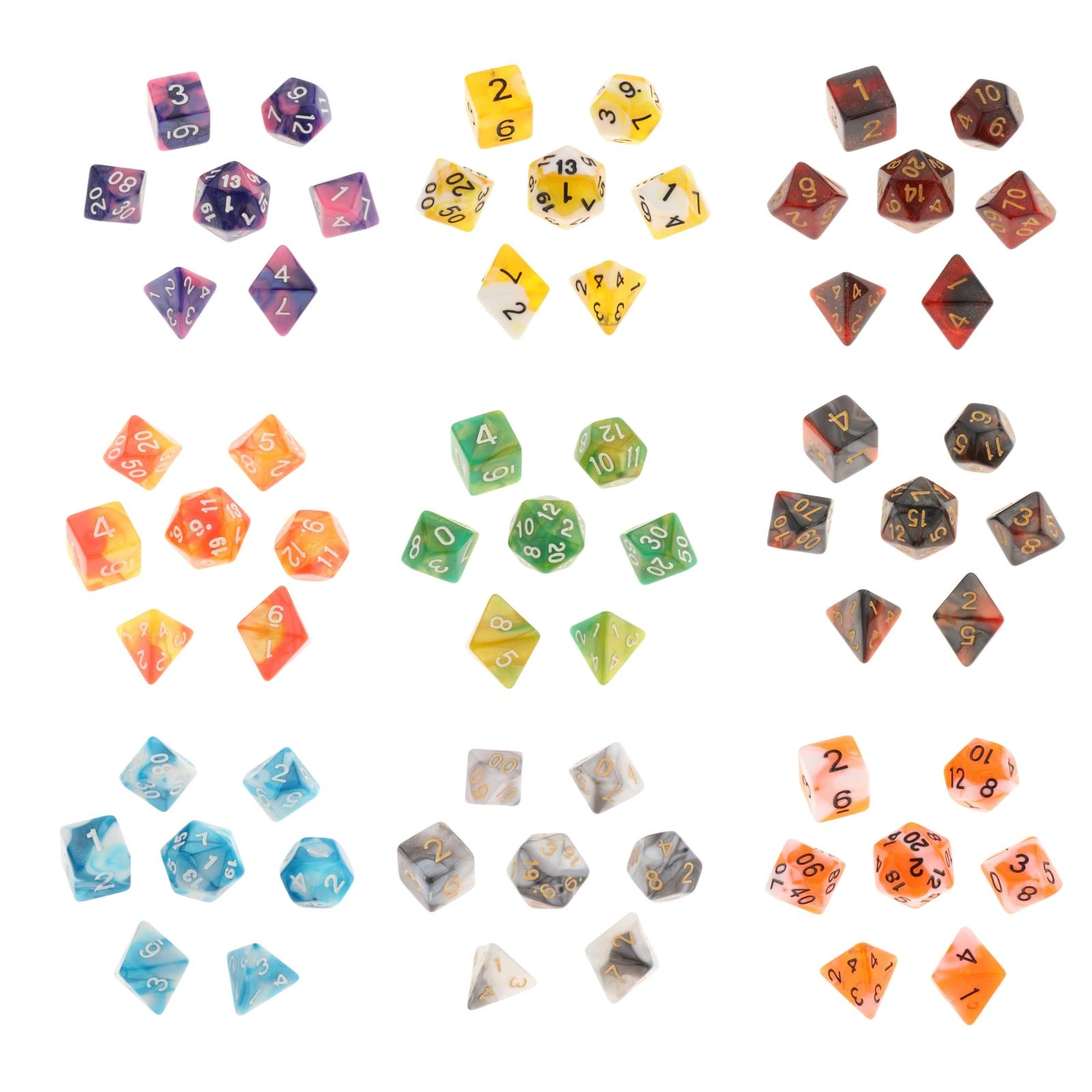 Multi sided dice set of 7x D4 D6 D8 D10 D12 D20 Dungeons D&D RPG MTG Games C