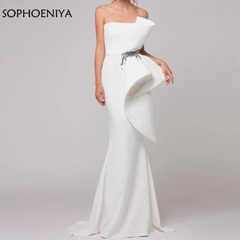 

2020 New Arrival White Evening Dresses Satin Full Sleeve Floor-Length Mermaid Simple Party Gown