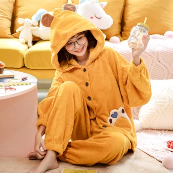 

Winter Pajamas Flannel Pyjamas Women Sleepwear Hooded Nightgown Suit Upset to Keep Warm Fashion Home Wear Plus Size