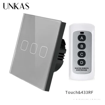 

UNKAS EU/UK Lighting 3 Gang RF433 Remote Control Wall Touch Smart Home Wireless Light Switch Tempered Crystal Glass Panel