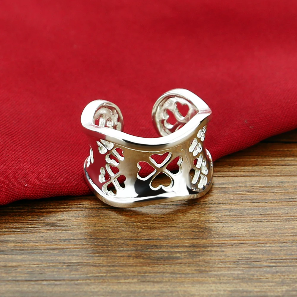 925 Sterling Silver Lucky Clover Ring for Women Girls Adjustable Four ...