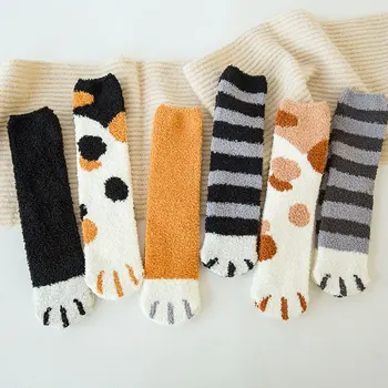 

Coral Velvet Socks CAT'S Paw Women's Tube Socks Autumn & Winter Cute Thick Warm Pajama Floor Sleeping Socks