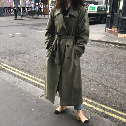 

Loose Retro Loose Oversize Coat Solid Color Large Size Elegant Waist Belt Women Casual Trench Coat Temperament Long Sleeve Coats