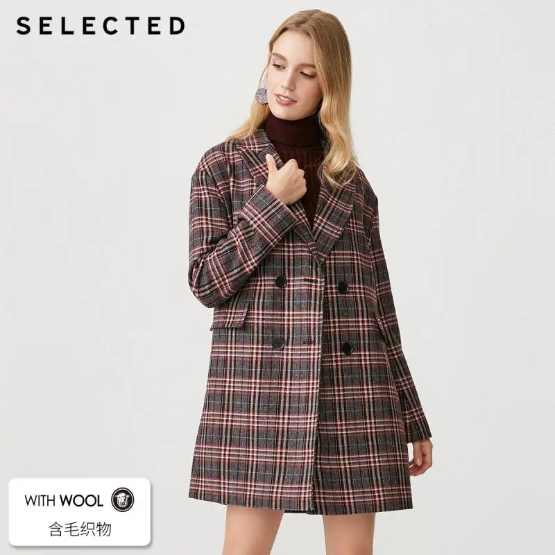 

SELECTED Women's Autumn Plaid Double-breasted Woolen Overcoat S|418427509