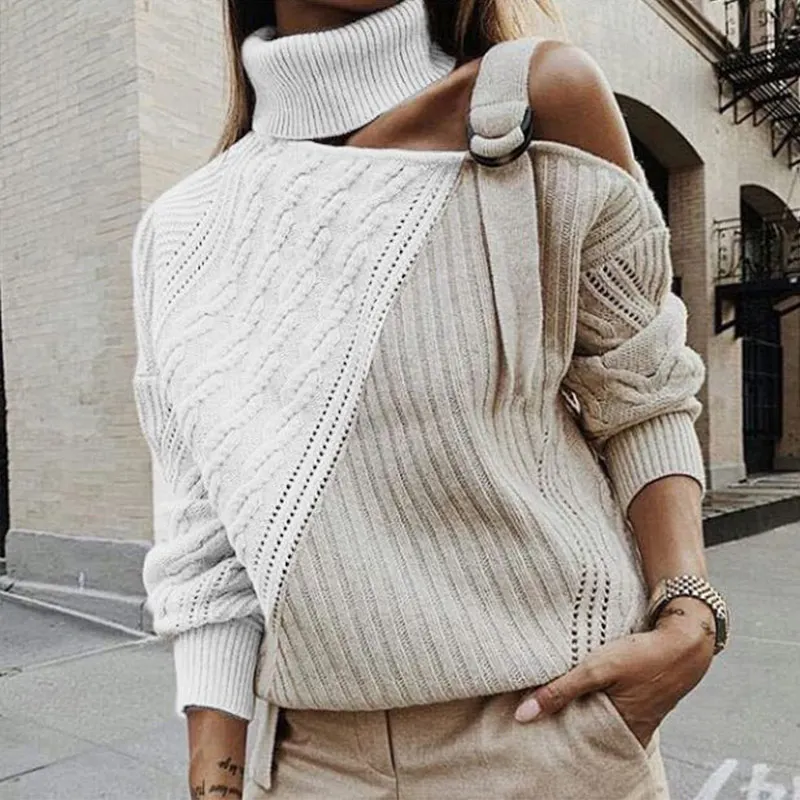 Ceny Swetry damskie Off Shoulder sweter z golfem Hollow Out swetry z dzianiny Twisted kobieta 2019 jesień sweter zimowy Ladies