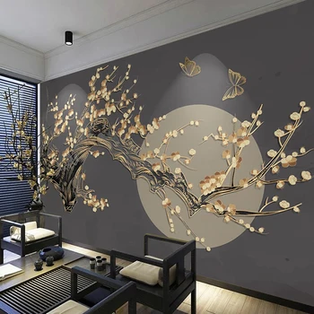 

Custom 3D Photo Wallpaper Mural Chinese Style Plum Blossom Moon Golden Relief Lines Living Room Bedroom TV Background Wallpapers