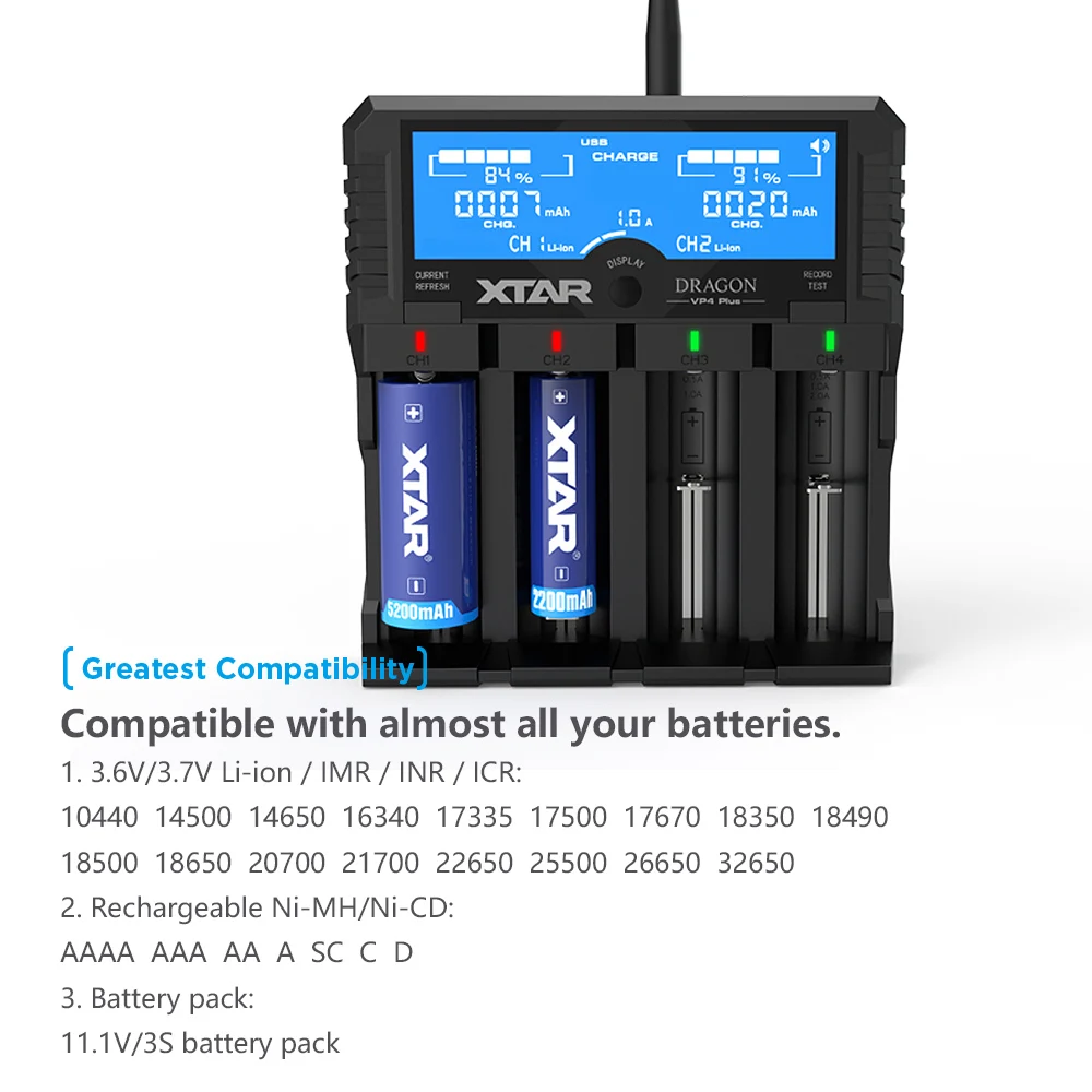 US $71.74 XTAR DRAGON VP4 PLUS Smart Battery Charger Set Pouch Probe Adapter Car Charger Fast Charging For Batteries 18650 Battery Charger