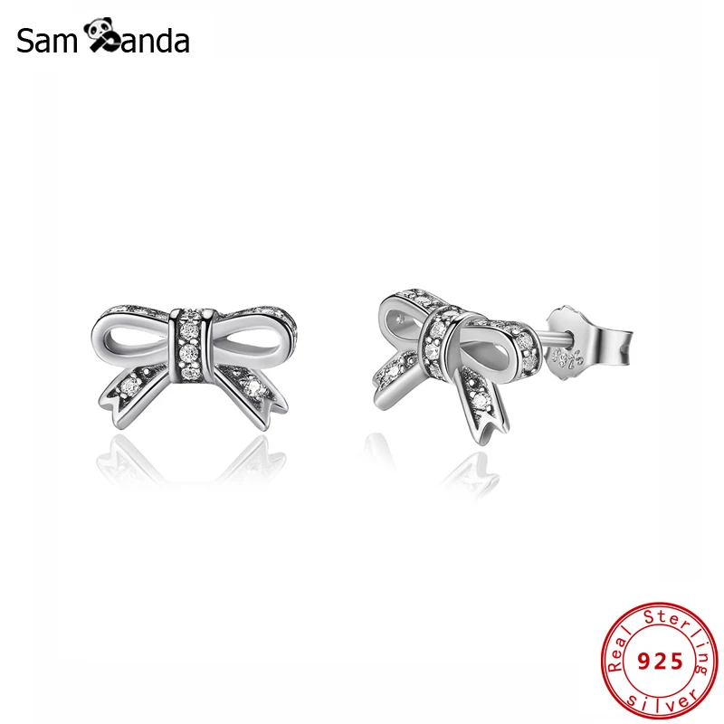 Оригинальные 925 пробы серебряные серьги-гвоздики сверкающие серьги с бантом CZ золотые серьги для женщин хорошее ювелирное изделие
