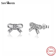 Оригинальные 925 пробы серебряные серьги-гвоздики сверкающие серьги с бантом CZ золотые серьги для женщин хорошее ювелирное изделие