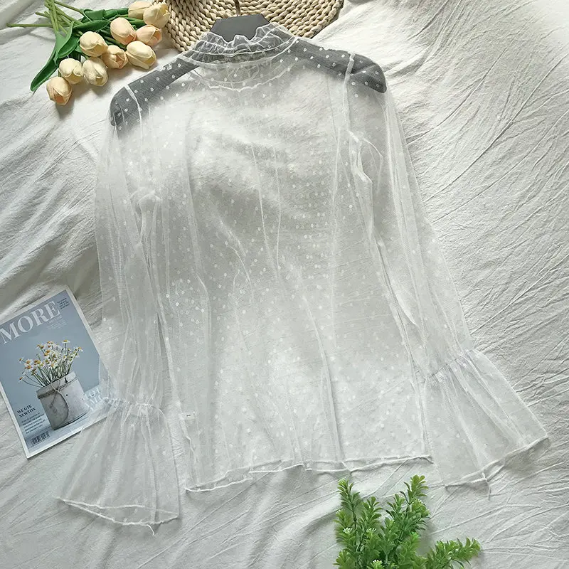 Women Blouse Shirt Элегантная женская кружевная сетчатая вуаль с расклешенными рукавами, Базовая рубашка с оборками, Новая Винтажная эластичная тонкая Тюлевая блузка в горошек, топы - Цвет: Women Blouse Shirt