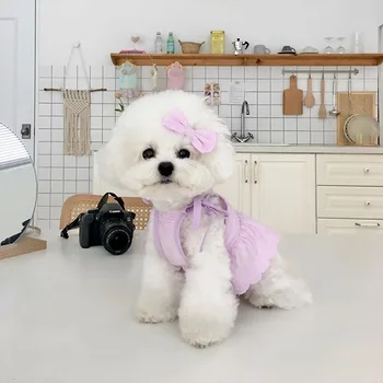 

Korea Autumn Pet Dog Dress Skirt With Bowtie Chihuahua Puppy Dog Clothes For Small Dog Purple Lace Skirt Dog Clothes Outfits