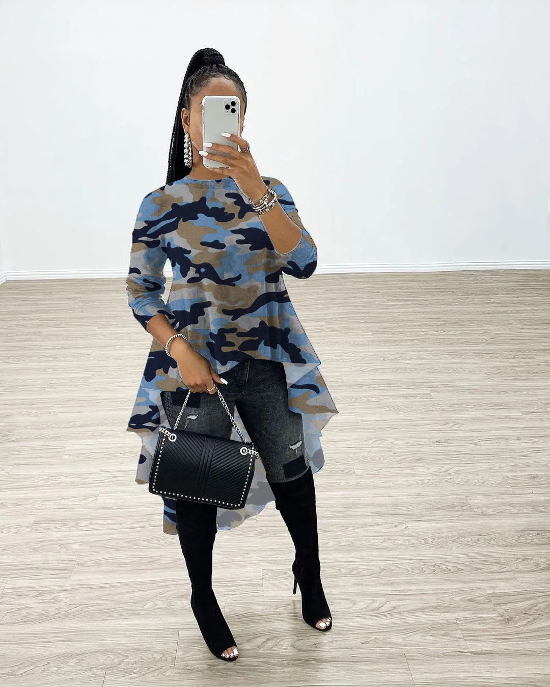 blue Новые женские зимние футболки с круглым вырезом и длинным рукавом, модные камуфляжные+ леопардовые футболки, сексуальные повседневные Асимметричные свободные топы - Цвет: blue