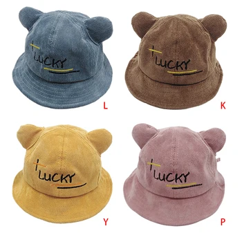 

Autumn Baby Boys Girl Toddler Letters Print Bucket Hats With Ear Design Caps Reversible Sun Headwear Warm New Born Caps