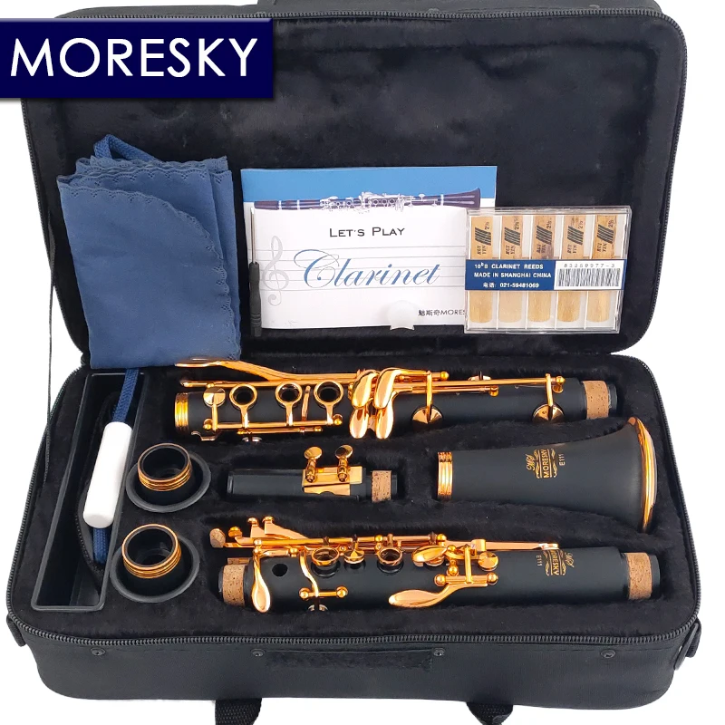 Clarinet woodwind instrument MORESKY Bb Clarinet Lacquer Gold 17 Keys Sib Klarnet Black Clarinete E111